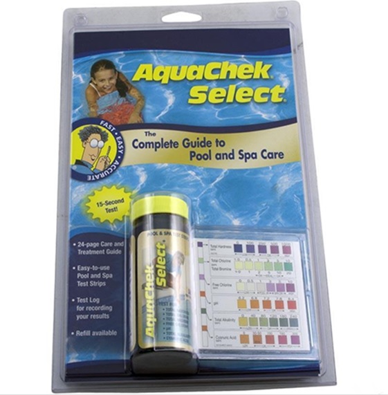 Test Strips by Aquachek which tests for these 7 parameters: Total Chlorine, Total Bromine, Free Chlorine, pH, Total Alkalinity, Total Hardness, and Cyanuric Acid (Stabilizer)