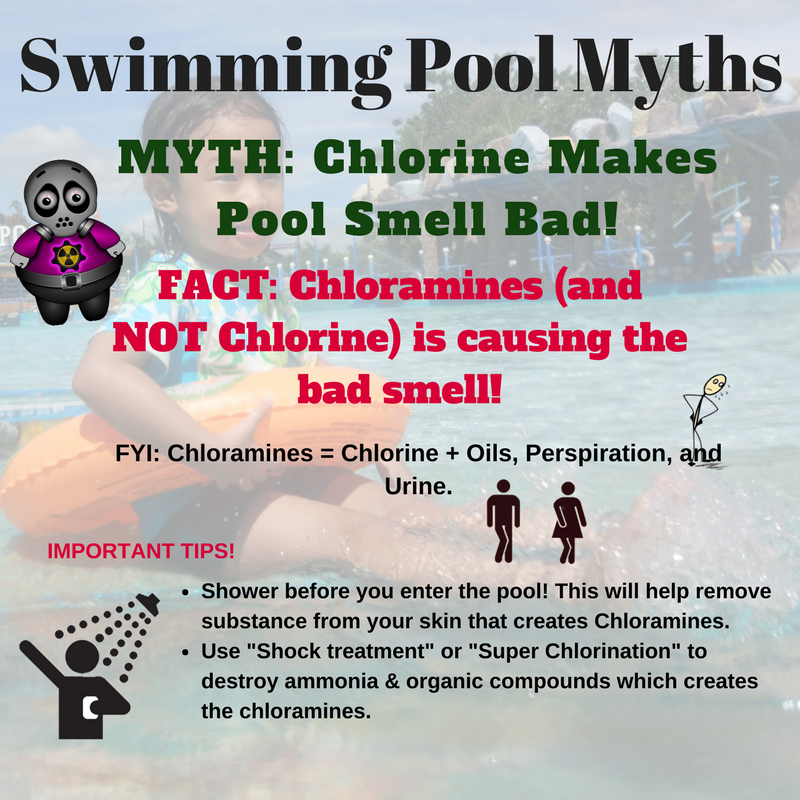 Chlorine Makes Pool Smell Bad? FACT: Chloramines (and NOT Chlorine) is causing the bad smell! Chloramines = Chlorine + Oils, Perspiration, and Urine.