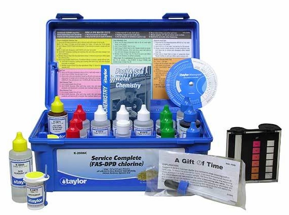 Test Kit from Taylor Technologies to test your pool for: Calcium Hardness, Free and Total Chlorine, Bromine, pH, Total Alkalinity, Acid and Base Demand, and Stabilizer levels.